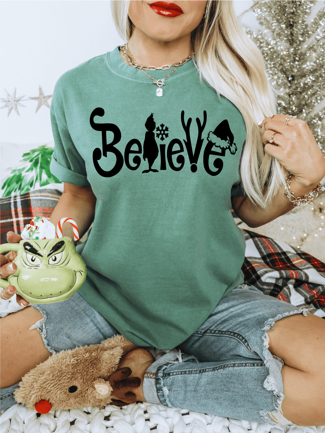 BELIEVE Christmas green man reindeer santa hat SINGLE COLOR BLACK size ADULT DTF TRANSFERPRINT TO ORDER - Do it yourself Transfers