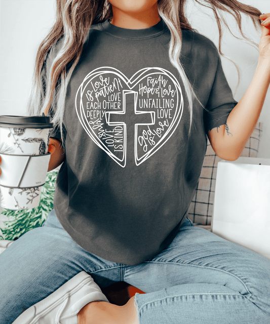 LOVE is patient faith hope CROSS HEART SINGLE COLOR WHITE size ADULT DTF TRANSFERPRINT TO ORDER - Do it yourself Transfers