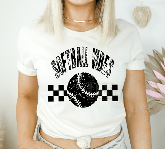 Softball vibes checkered SINGLE COLOR BLACK size ADULT 10X13 DTF TRANSFERPRINT TO ORDER - Do it yourself Transfers