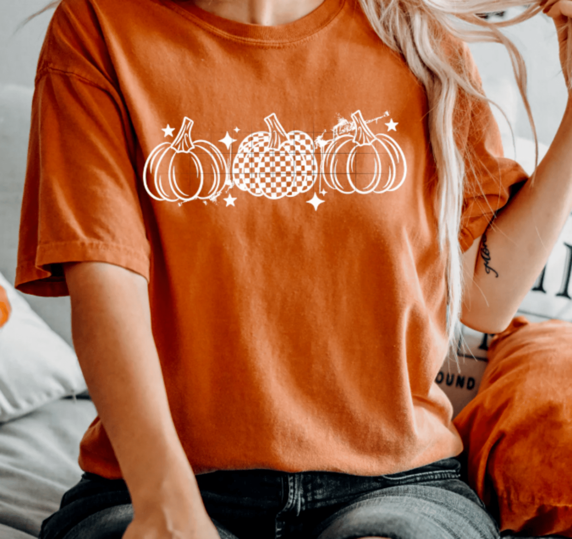 TRANSFER TUESDAY PUMPKINS 3 CHECKER HALLOWEEN SINGLE COLOR WHITE SCREEN PRINT transfer ADULT 9X12 - Do it yourself Transfers