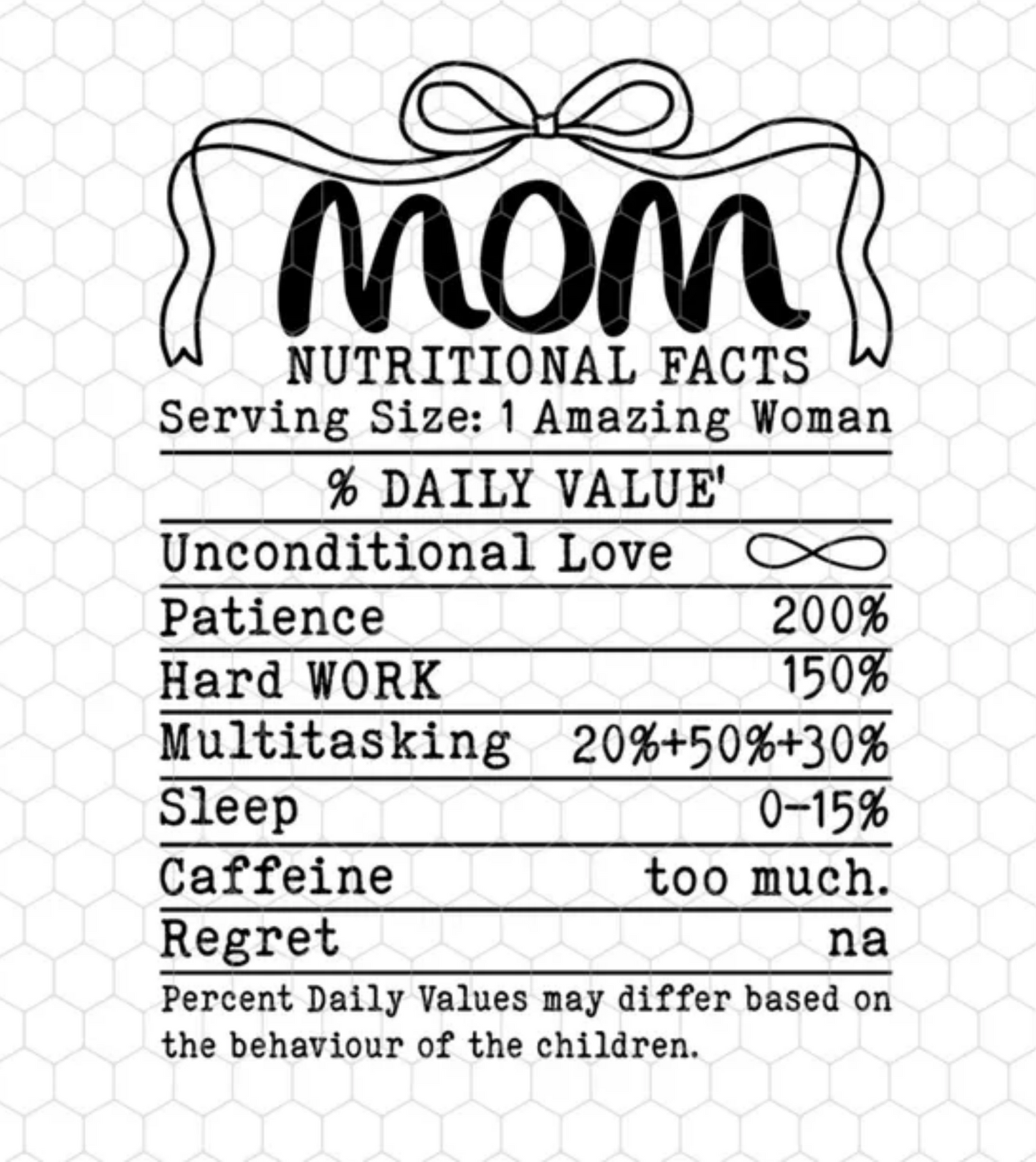 TRANSFER TUESDAY SHIPS MAR 12TH MOM NUTRITIONL FACTS BOW SINGLE COLOR BLACK Screen Print transfers size ADULT 10X12 - Do it yourself Transfers