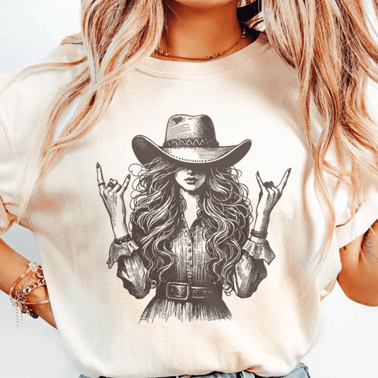 TRANSFER TUESDAY SHIPS MAR 5TH COWGIRL HAT WESTERN BOHO ROCK HANDS SINGLE COLOR BLACK CLEAR FILM Screen Print transfers size ADULT 9X12.5 - Do it yourself Transfers